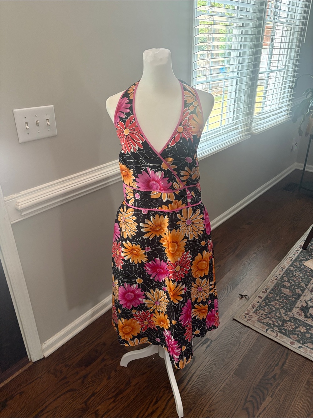 Madison Studio Black Floral Backless Halter Dress with Pink and Yellow Flowers